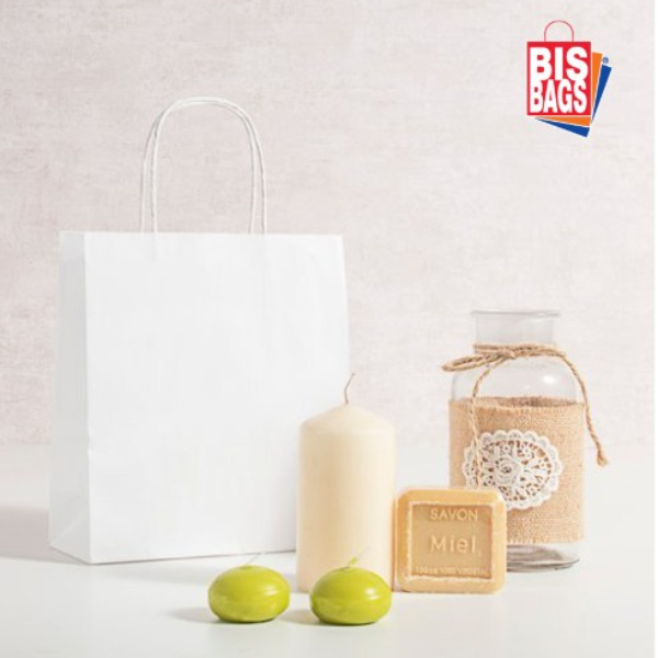 Punga hartie, alba, cu maner sfoara - 24x11x26cm - 100 buc.