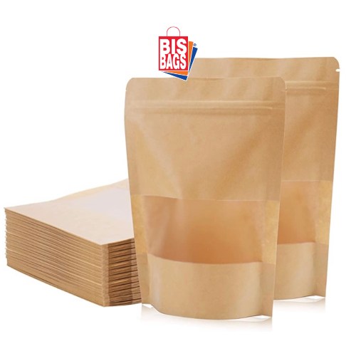 Pungi stand-up cu fereastra si fermoar NATUR - 18x29cm - 100 buc.